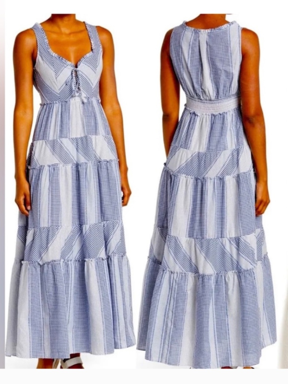 Betsey Johnson Stripe Play Yarn-Dye  Tiered Maxi Dress Gingham  X-Small